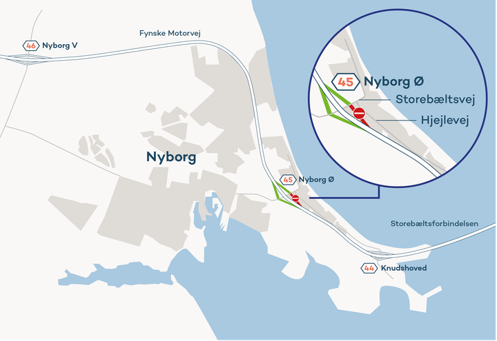Fra 5. august og frem til udgangen af året etablerer Sund & Bælt støjskærm langs afkørsel 45, Nyborg Ø. Rampen vil være spærret i perioden med anlægsarbejde, og bilister fra øst kan i mellemtiden benytte afkørsel 44 og 46 for afkørsel til Nyborg.