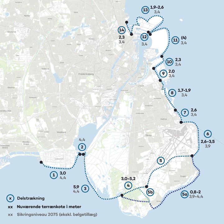Sund & Bælt har nu sendt opgaven med projekterings- og miljøvurderingsarbejde på strækningen fra Kastrup Halvø til Vestamagerdiget i udbud. Det er delstrækningerne 4, 5 og 6 i den samlede forundersøgelse af stormflodssikring omkring København.