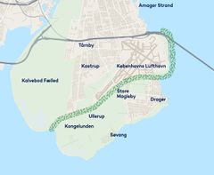 Den grønne korridor markerer det område, hvor Sund & Bælt foretager en mijøkonsekvensvurdering og undersøger muligheden for at etablere en oversvømmelsessikring. Foto: Sund & Bælt.