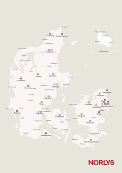 Med 30 nye butikker har Norlys nu hele 35 butikker, som er fordelt over hele landet. På kortet er de nye Norlys-butikker markeret med lilla, mens de eksisterende Norlys-butikker er markeret med rødt.
