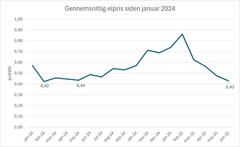 Den gennemsnitlige månedlige elpris på tværs af DK1 og DK2 siden januar 2024. Kilde: Energidataservice.