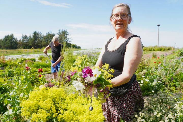 Gitta fra Lille Østergård Økologi er en af værterne, der byder gæster velkomne til Økologisk Høstmarked. Og som har plads til flere sommerfugle og natur på markerne, hvor der blandt andet både er pyntelige og spiselige blomster.