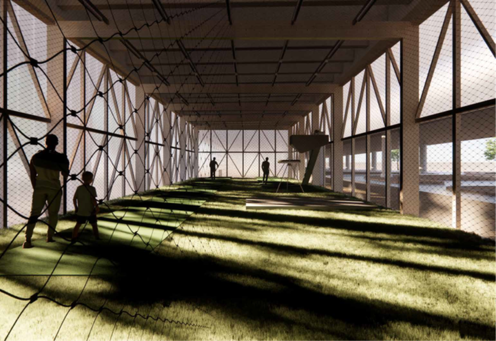 Den nye idrætsfacilitet er en kombination af overdækkede kastebaner til cricket og pitstop til fx løbere og mountainbikeryttere, der træner i den nærliggende natur. Modelfoto: JaJa Architects.