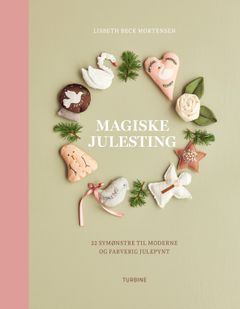 Bogomslag til "Magiske julesting" med billeder af farverigt, hjemmesyet julepynt arrangeret i en krans.