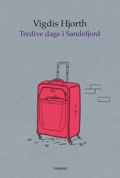 Bogforside med en illustration af en pink kuffert og teksten "Vigdis Hjorth, Tredive dage i Sandefjord".