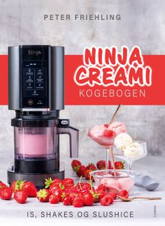 Billede af forsiden til "Ninja CREAMi-kogebogen" med en Ninja CREAMi-maskine, friske jordbær og isdesserter.