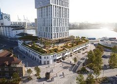 Visualisering af Mindet i Aarhus, et stort bygningsprojekt af Ejendomsselskabet Olav de Linde, med moderne arkitektur og taghave.