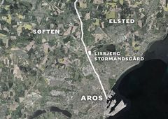 Kort over Aarhus med den gamle hovedvej fra vikingetid indtegnet. Hovedvejen gik op til Lisbjerg - tæt på Søften og Elsted.