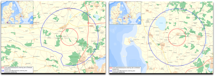 På to kort over Sønderjylland og Sydvestsjælland er restriktionszoner markeret med en rød opg en blå cirkel.