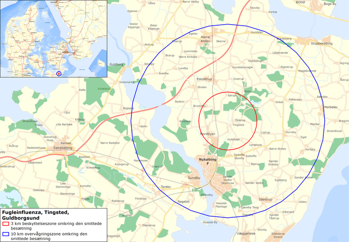 Kort over beskyttelses- og overvågningszonere nord for Nykøbing Falster