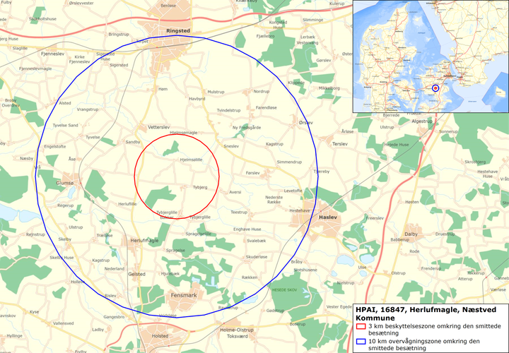 kort over restriktions- og beskyttelseszoner omkring udbruddet.
