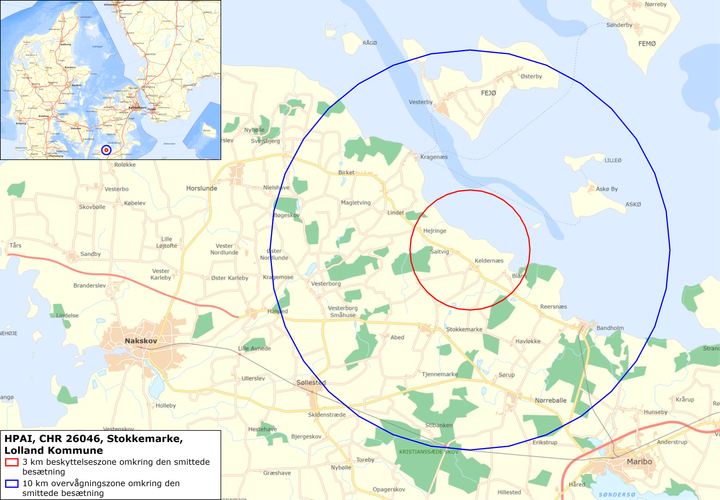 Kort over området, hvor kalkuner er smittt med fugleinfluenza
