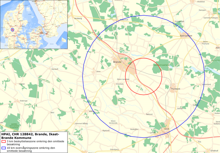 Øst for Brande har Styrelsen for Fødevarer, Landbrug og Fiskeri oprettet beskyttelses- og overvågningszoner.