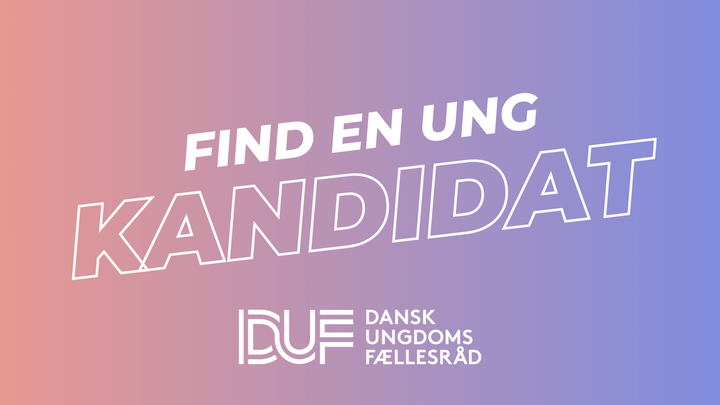 Grafikken forestiller et farvespektrum fra rød til blå. På billedet står der "Find en ung kandidat". Nederst på billedet fremgår DUFs logo.