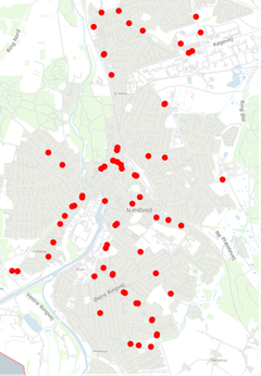 De røde prikker viser, hvor i Næstved de nye bus-læskærme bliver placeret.
