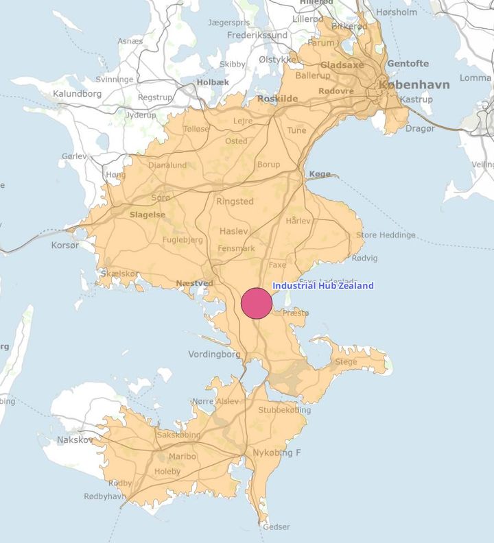 Industrial Hub Zealand ligger centralt placeret med potentiel adgang til højt kvalificeret arbejdskraft indenfor pendlerafstand under en time fra hovedstaden illustreret ved det orange område.