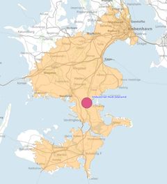 Industrial Hub Zealand ligger centralt placeret med potentiel adgang til højt kvalificeret arbejdskraft indenfor pendlerafstand under en time fra hovedstaden illustreret ved det orange område.