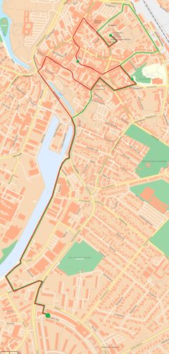 Kort over ruter til kolonnekørsel: heste følger rød rute med stop ved grønne prikker; køretøjer følger grøn rute. Afgang fra Sct. Jørgens Park kl. 15.45.