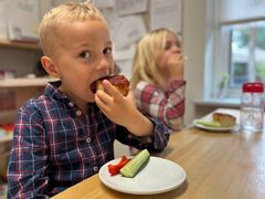 5-årige Felix nyder et fuldkornsbrød med tomat og hvidløg på toppen. Daginstitutionen Humlehaven i Karrebæk har fra 1. september fået madordning.