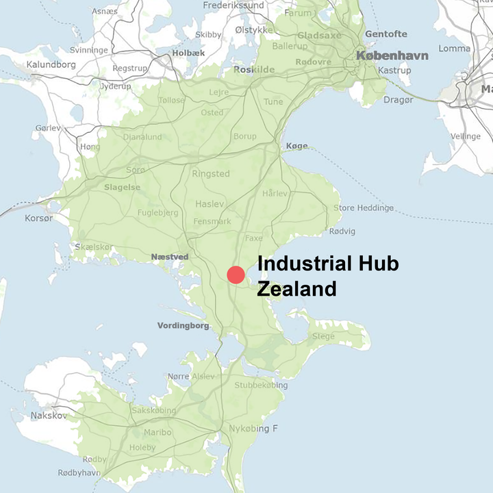 Industrial Hub Zealand ligger centralt placeret med potentiel adgang til højt kvalificeret arbejdskraft indenfor pendlerafstand under en time fra hovedstaden illustreret ved det grønne område.
