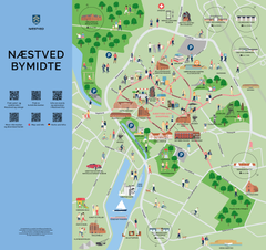 På oplevelsesskiltet ved Den Fritlagte Suså ses på den anden side seværdigheder i Næstved by.