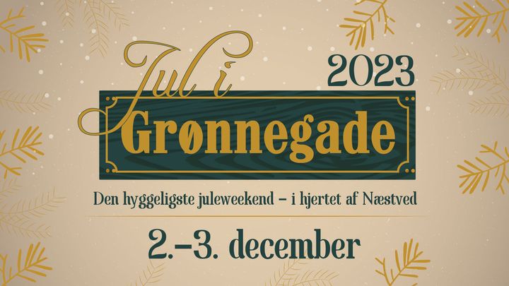 Coverfoto der skal ligne et gammel træskilt, hvor der står "Jul i Grønnegade 2023". 2.-3. december 2023