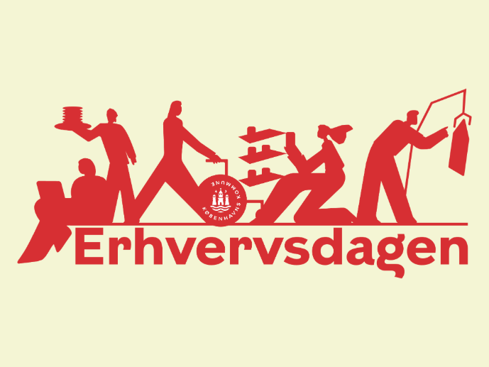 Rødt logo for "Erhvervsdagen" med mennesker i arbejdsrelaterede aktiviteter.