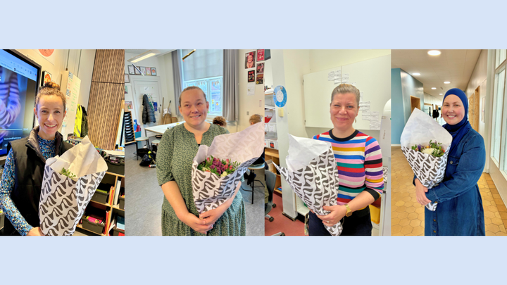 Billede af fire smilende kvinder, der står hver for sig og holder blomsterbuketter. Alle fire er norminerede til undervisningsprisen.