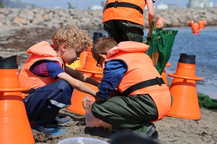 To drenge iført orange redningsveste kigger ned i en beholder ved en strand.