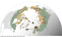 Kortet viser forskningsstationer, der er en del af netværket INTERACT. De røde kasser er russiske forskningsstationer, som vestlige forskere ikke længere har adgang til.