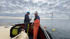 Teis Boderskov,Aahus Universitet, og Mads Hecter, Kerteminde Seafarm, høster sukkertang i vindmølleparken Vesterhav Syd i maj 2026.