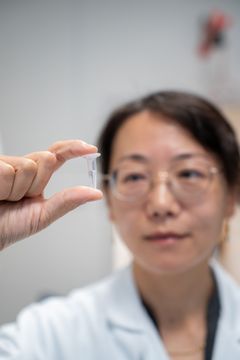 Menglin Chen holder en opløsning med de lysfølsomme nanopartikler, som er klar til at blive sprøjtet ind i øjet. Når partiklerne er sprøjtet ind, lægger de sig tæt på nethindens nerveceller, hvor lys kan være med til at aktivere cellerne.