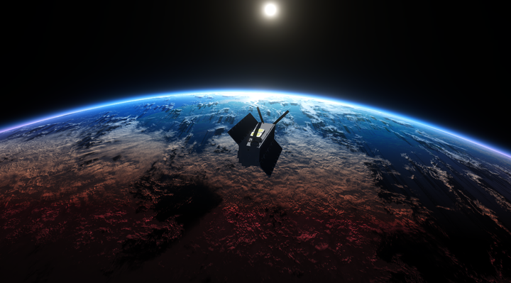 En computer-rendering af DISCO-2 satellitten i omkreds om Jorden