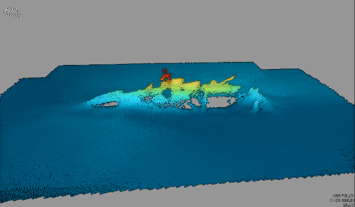 En 3D-scanning af ubåden UC30, der ligger ud for Rømøs kyst og er fyldt med sprængstoffer, som lækker kemikalier ud i vandet.