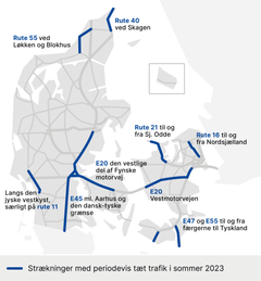 Vejdirektoratet forventer, at ferietrafikken især vil ramme disse strækninger. Grafik: Vejdirektoratet