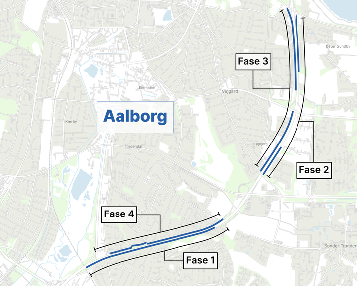 Arbejdet med at opsætte støjskærme langs E45 i Aalborg er opdelt i fire faser. Illustration: Vejdirektoratet.