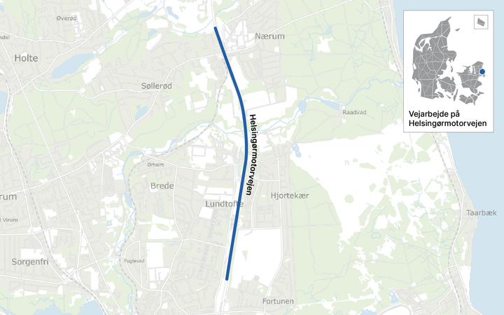 Vejarbejdet foregår på Helsingørmotorvejen mellem Nærum og Lundtofte. Illustration: Vejdirektoratet