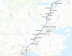 Kort over krydsende veje langs E45 Østjyske Motorvej, hvor broer eller tunneler udvides i 2024