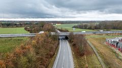 Vandmøllevej i Hedensted Kommune er spærret ved E45 Østjyske Motorvej fra 2. januar til juni 2024. Foto: Vejdirektoratet