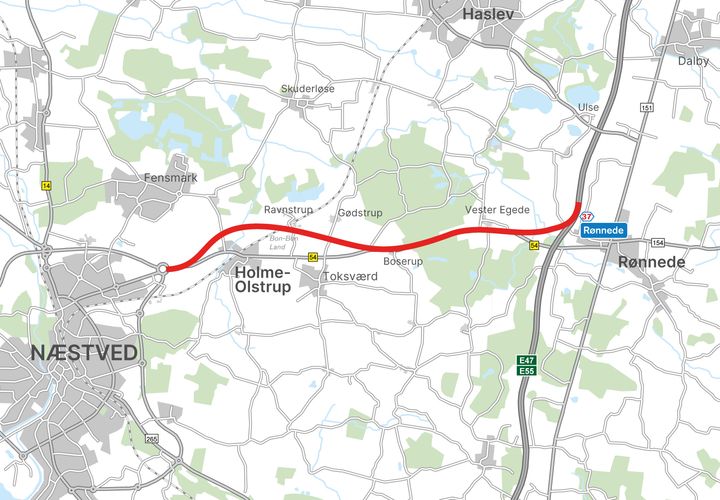 Figuren viser den planlagte linjeføring af en ny motorvej mellem Næstved og Rønnede. Kort: Vejdirektoratet