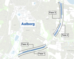 Arbejdet med at opsætte støjskærme langs motorvejen i Aalborg er inddelt i fire faser. Vejdirektoratets entreprenør arbejder nu på fase 1, 2 og 3 samtidigt. Illustration: Vejdirektoratet.