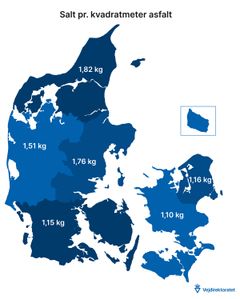 Vejdirektoratets vintertjeneste inddeler Danmark i seks områder. De seneste ti år er der på landsplan i gennemsnit blevet spredt 1,01 kg salt pr. kvadratmeter asfalt. Grafik: Vejdirektoratet