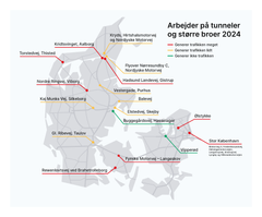 I 2024 skal Vejdirektoratet renovereen lang række broer og tunneler, så de får forlænget deres levetid. Grafik: Vejdirektoratet.