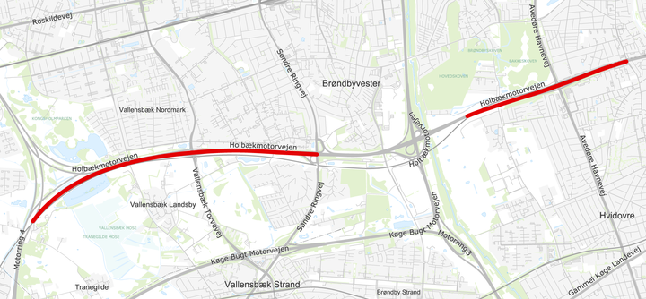 Vejarbejdet foregår to steder på Holbækmotorvejen på strækningen mellem Vallensbækgrenen og Hvidovrevej. Kort: Vejdirektoratet