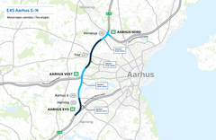 E45 Østjyske Motorvejen udvides i fire etaper omkring Aarhus. Kort: VEjdirektoratet