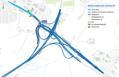 Udvidelsen af Århusvej skal gøre det nemmere for trafikanter at komme fra Søften og ud på motorvejen ved Aarhus Nord. Selve motorvejskrydset og motorvejen står også overfor en større udbygning. Kort: Vejdirektoratet