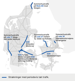 Her er de store veje, hvor ferietrafikken rammer hårdest. Grafik: Vejdirektoratet