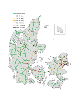 Forsinkelse på statsvejnettet i hele Danmark (køretøjstimer pr. km vej pr. hverdag). Grafik: Vejdirektoratet