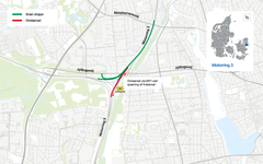 Første etape af vejarbejdet på Motorring 3 foregår på en mindre strækning mellem Slotsherrensvej og motorvejskryds Rødovre og inkluderer forbindelsesvejen til Frederikssundmotorvej og frakørselsrampen til Jyllingevej. Kort: Vejdirektoratet