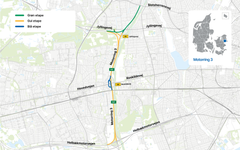 Det samlede overblik over de tre etaper af vejarbejde på Motorring 3. Første etape er markeret med grøn. Kort: Vejdirektoratet